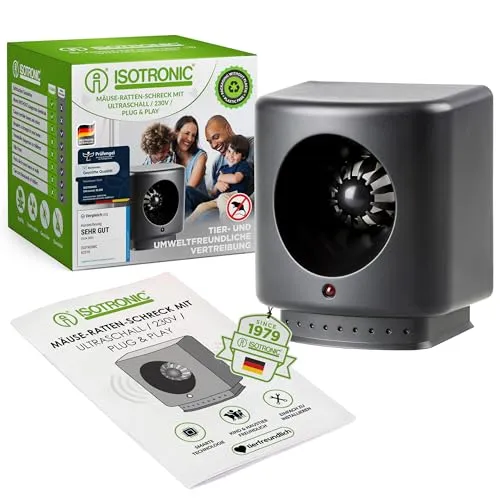 ISOTRONIC Mäusevertreiber mit Ultraschall gegen Mäuse & Ratten |Tradition seit 1979 | 230V Mäuseschreck für Keller, Dachböden, Garagen UVM. | tierschonend & sicher | 50 m² Wirkungsbereich
