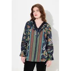 Ulla Popken Longbluse Bluse Spitze Rüschen V-Ausschnitt Langarm schwarz 46/48