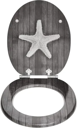 SINOBATH Wc Sitz Mit Absenkautomatik,Viele bunte Motive,Toilettendeckel aus Holz,Stabile QualitäT,Einfache Montage (Grauer Seestern)