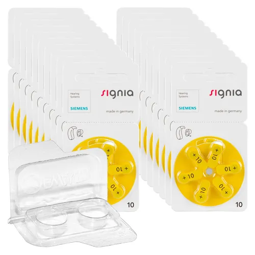 Siemens Signia Hörgerätebatterien PR70 gelb 10 + Transportbox für 2 Zellen 120
