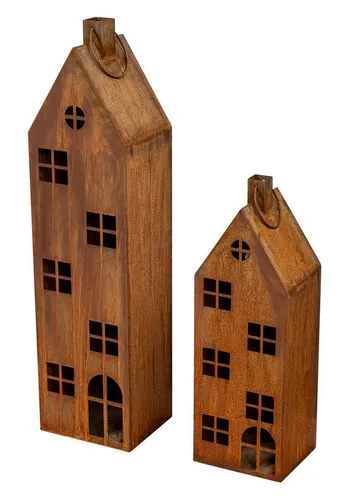 Levandeo® Kerzenlaterne 2er Set - Rostfarbenes Metall im Shabby Chic - Kerzenhalter im 2er Set, rustikales Design in Hausform, ideal für große Stumpenkerzen oder Lichterketten, perfekter Deko-Partner für Vintage und Landhaus-Stil.