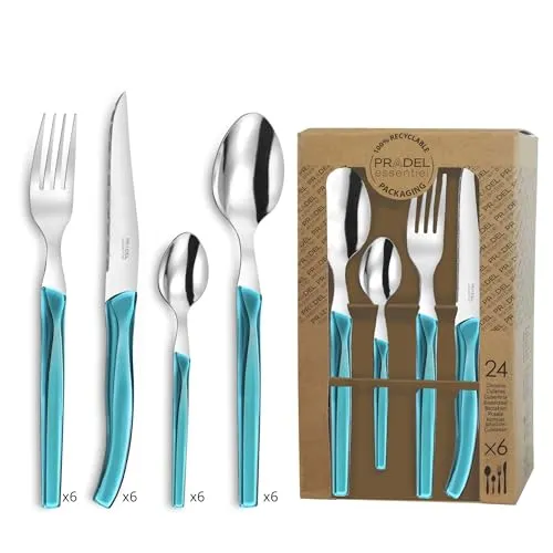 Lou Laguiole RISING SUN Besteck Set 6 Personen | 24-teilig | Türkis glänzend | Essbesteck 6 Personen spülmaschinenfest | 18/0 Edelstahl mit Mikroverzahnung | 6x Messer, Gabel, Löffel & Kaffeelöffel