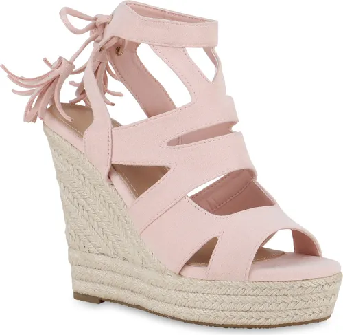 VAN HILL Damen Keilsandaletten 841372, Rosa, Größe 37 - Wanderschuhe mit 4 cm Plateau und 13 cm Wedge-Absatz, ideal für Frühling und Sommer – stylische Bast-Quasten und Cut-Outs sorgen für einen modischen Look.