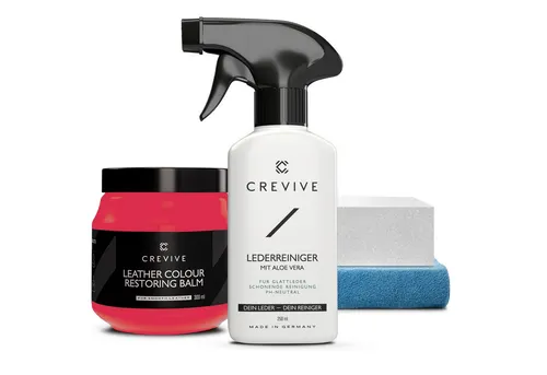 CREVIVE Lederpflegeset (SPARSET 4-teilig, Lederreparatur, sehr ergiebig), 300 ml Lederbalsam + 250 ml Lederreiniger mit Aloe Vera, Lederpflege