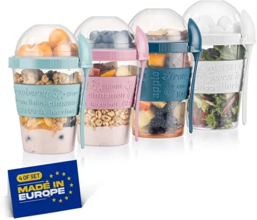Winkly® MÜSLIBECHER TO GO MIT LÖFFEL (4er SET) | JOGHURTBECHER FÜR UNTERWEGS IN 4 FARBEN | KNUSPRIG GENIESSEN DANK EXTRA FACH | BPA-FREIE EU-QUALITÄT