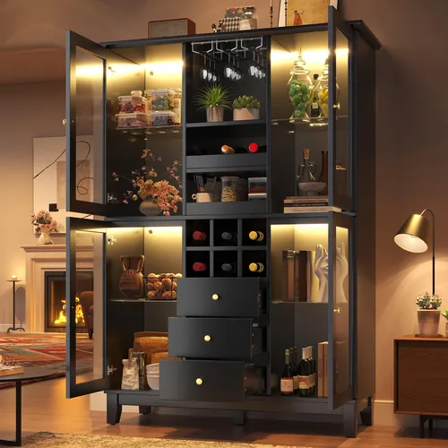 okwish Weinschrank Hochschrank mit Glastüren und App-gesteuerter LED-Beleuchtung