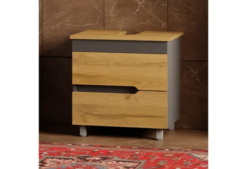 Karen Waschbeckenunterschrank Waschbeckenunterschrank Marmara 60 Konsole Eiche (Stehender Waschtischunterschrank, 2-St., Unterschrank, Konsolenplatte mit Siphonausschnitt, Füße)