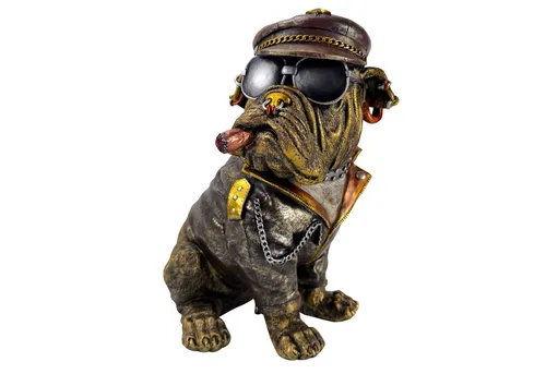 Online-Fuchs Dekofigur Bulldogge im coolen Biker-Look - Humorvolle Bulldoggen-Dekofigur aus wetterbeständigem Kunstharz, perfekt für Innen- und Außenbereich. Mit Lederjacke, Sonnenbrille und Zigarre wird sie zum witzigen Blickfang in jedem Zuhause.