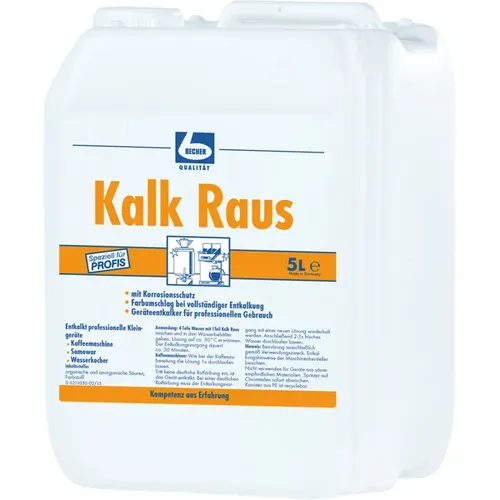 Dr. Becher Kalk Raus 5 L - Professioneller Entkalker für Küchenmaschinen - Entkalkung & Reinigung für Kaffee- & Espressomaschinen, ideal für Kaffeemaschinen und Wasserkocher mit Zitronensäure in Lebensmittelqualität und Farbindikator für optimale Ergebnisse.