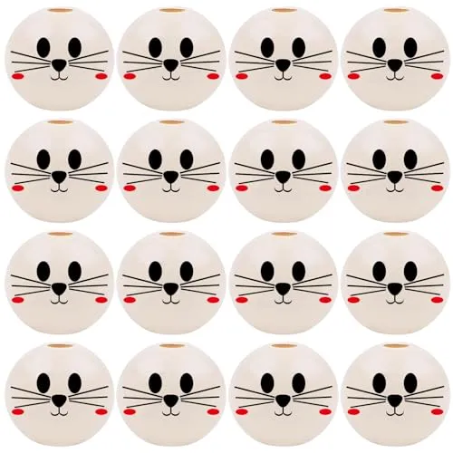 QianFenShi 50 Stück Holzkugeln mit Gesicht,Holzperlen mit Gesicht,Holzkugel mit Gesicht,Holzperlen Gesicht,Holzköpfe mit Gesicht,für DIY,Armbänder,Kunsthandwerk,mit Loch,20mm (Katzensmiley)