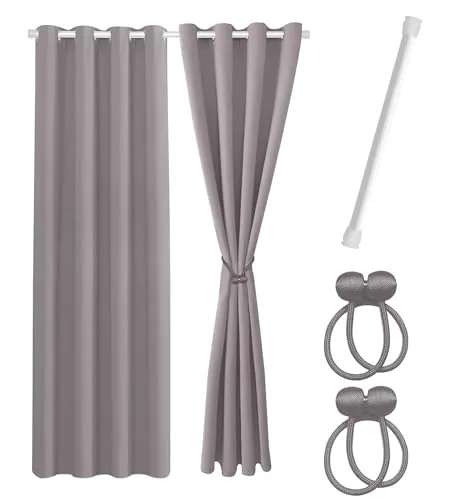 Cozyor Praktisches Set ohne Bohren: 2X Vorhang + 1x Klemmstange 70-120 cm + 2X Raffhalter mit Magnet Blickdicht & verdunkelnd, als Raumteiler, Fenster & Tür Hellgrau Thermovorhang 200x135cm
