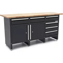 HBM Werkbank 171 cm mit 6 Schubladen und 2 Türen, Arbeitsplatte aus Massivholz, schwarz - Schwarz
