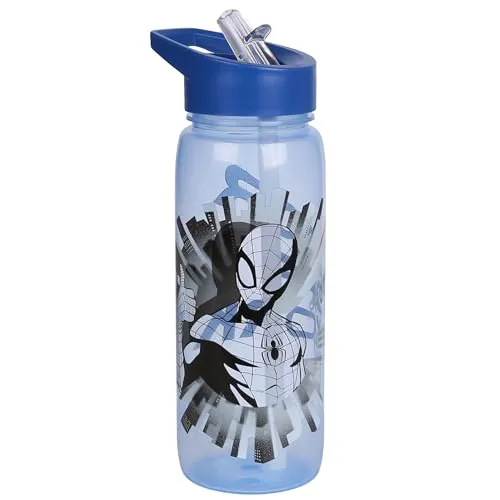 MARVEL Spider-Man WASSERFLASCHE mit Mundstück und Griff, transparente FLASCHE MIT STROHHALM 600 ml (Blau Spider-Man)