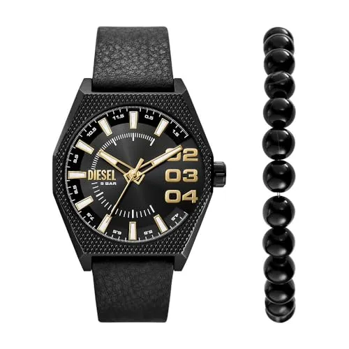 Diesel Watch DZ2210SET - Herren Armbanduhr mit 43-mm-Gehäuse, stilvolles schwarzes Lederband und wasserdicht bis 50 m – ideal für den Alltag und das Schwimmen.