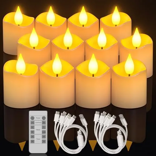 Yme 12er Set LED Teelichter Wiederaufladbar mit Fernbedienung Timer, Elektrische USB Aufladbare Teelichter Flackernd Dimmbar Kerzen mit Timerfunktion für Halloween Zimmer Party Deko Weihnachten