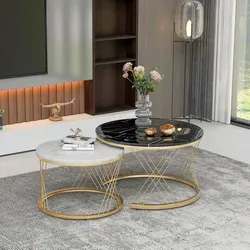Couchtisch-set Rund, Mdf Mit Marmormuster, Weiß/schwarz, Goldfarbenes Metallgestell, 2er Nestingtische