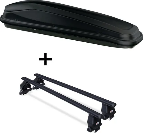 Skibox JUEASY300 300Ltr schwarz + Dachträger Menabo Tema Stahl kompatibel mit für Peugeot 5008 (Kombi 5 Türer) ab 2017