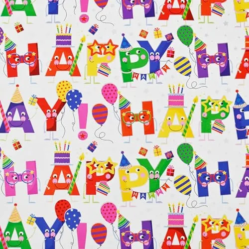 Geschenkpapier 70cm x 2m Rolle Happy Birthday - Geschenkpapierrolle mit Luftballons, Torte & Partydeko - Verpackungspapier für Kindergeburtstag, Feier & Party - Bunt Fröhlich
