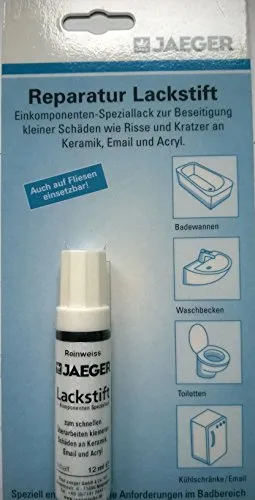 Jaeger Reparatur Lackstift - Farbton reinweiß - Lackstift für Keramik und Fliesen, ideal zur Beseitigung von Kratzern und kleinen Schäden. Inhalt: 12 ml, einfach anzuwenden, hohe Widerstandsfähigkeit durch hochwertiges Acrylat.