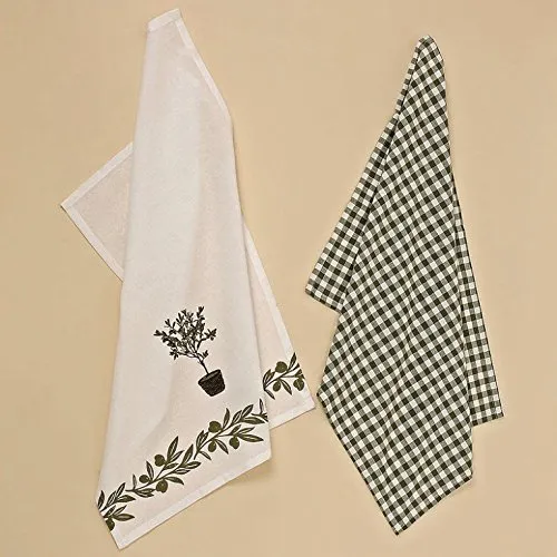 Boltze 4 x Geschirrtuch Stana 70 x 50cm Baumwolle Geschenkidee Motiv Olivenbaum + kariert
