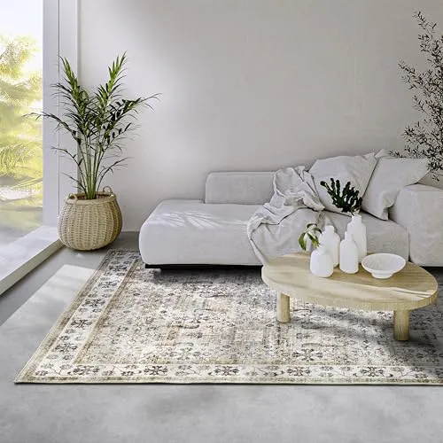 Elle Decoration Saveh Teppich – Klassischer Rutschfester Vintage Design Kurzflor Teppich für Schlafzimmer, Esszimmer, Wohnzimmer, Flur, Küche – Creme Gold, 200x290cm