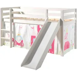 Kinderbett Karolina mit Rutsche und Textilset 'Princes' - Modernes Spielbett aus massivem Kiefernholz in Weiß, mit Rutsche und umlaufendem Absturzschutz. Liegefläche 90x200 cm, ideal für kreative Nächte. Einfache Selbstmontage mit Aufbauanleitung.