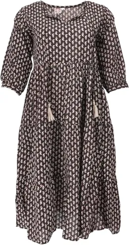 GURU SHOP Boho Sommerkleid - Bedrucktes Midikleid aus Baumwolle für Damen - Freizeitkleid aus luftiger Baumwolle, wadenlang mit weichem, gestuftem Rock und einzigartig lebendigem Handdruck für einen lässigen Look.
