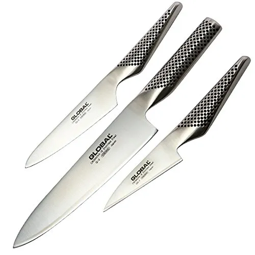 GLOBAL Messer-Set G-237 (3-tlg) - Küchenmesser Set mit 3 hochwertigen japanischen Messern für jede Kochaufgabe. Ideal für Fleisch, Fisch und Gemüse – perfekt für Hobby- und Profiköche!