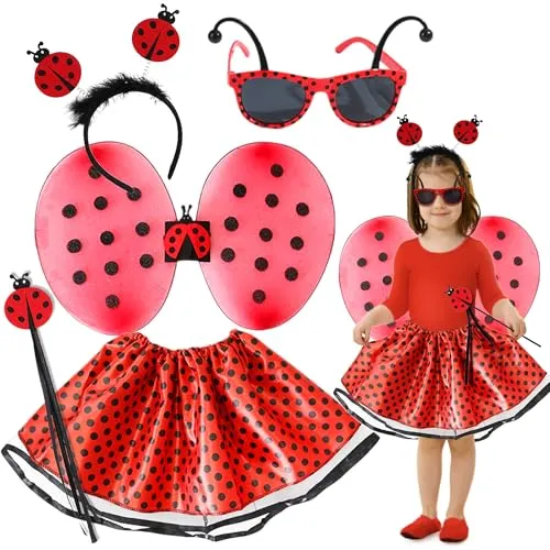 Edmirfun Marienkäfer Kostüm Kinder,Ladybug Mädchen,Feenflügel,Prinzessin Kostüm Mädchen,Tutu Rock,Zauberstab Kinder,Haarreifen,Flügel,für Karneval,Mottoparty,Faschingskostüme