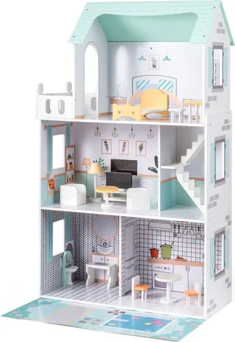 COSTWAY Holz Puppenhaus mit 17 Möbelstücken – 3-stöckige Traumvilla für Kinder ab 2 Jahren