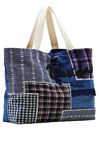Desigual Women's BOLS_Shopper India, Blue - Damen-Shopper mit einzigartigen Stoff-Patches, ideal für den Alltag mit zwei komfortablen Henkel zum Tragen in der Hand oder über der Schulter.