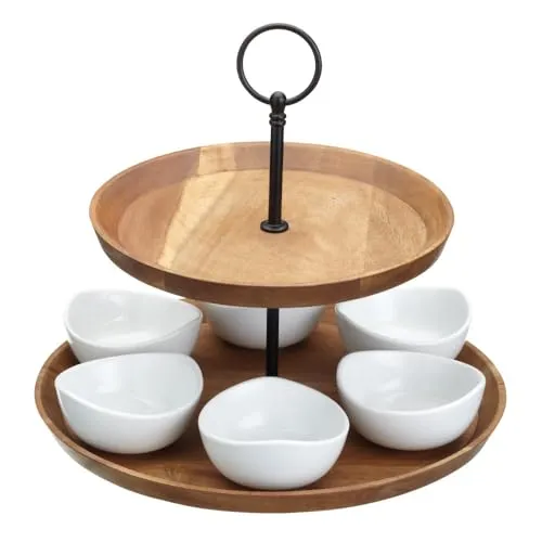 Artesà 2-stöckige Tapas- und Speisenständer - Tortenständer aus handgearbeitetem Akazienholz mit 6 Mini-Porzellanschalen, ideal für stilvolles Servieren von Tapas und Desserts, perfekt für jede Tischdekoration.