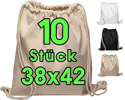 Baumwollbeutel 10 Stück 38x42cm Sportbeutel - Rucksack Stofftasche Turnbeutel Bag, Beutel, Baumwollbeutel, Jutebeutel OEKO-TEX® zertifiziert Stoffbeutel Einkaufsbeutel Gym Sac Sack zum bemalen Natur