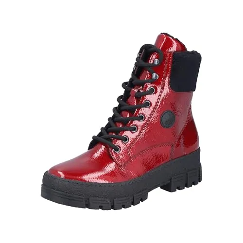 Rieker Winterstiefelette Plateauboots - Wanderschuhe in modischem rot-schwarz mit bequemem Innenreißverschluss und warmem Futter, ideal für kalte Tage.