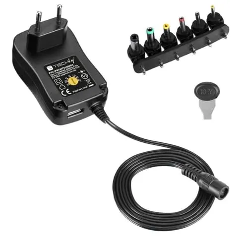 TECHLY 364330 Universal-Netzteil 12 W AC/DC mit 6 DC-Steckdosen und einem USB-Anschluss, verstellbar, 3 V-12 V, 1000 mA, Schwarz