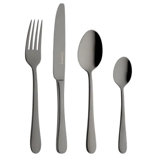 Grunwerg Windsor 16-teiliges Besteckset, schwarz, Edelstahl 18/10, PVD-Beschichtung, 4 x Tafelmesser, Tafelgabeln, Dessertlöffel, Teelöffel