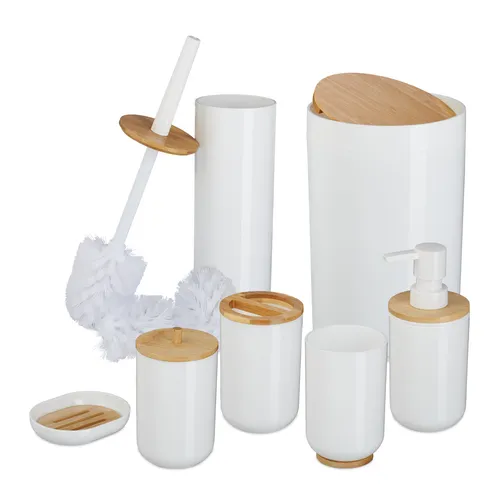 Badezimmer Set 7-tlg. aus Bambus - Badezimmerzubehör-Set mit 7 hochwertigen Badaccessoires aus Bambus, ideal für ein stilvolles und organisiertes Badezimmer.