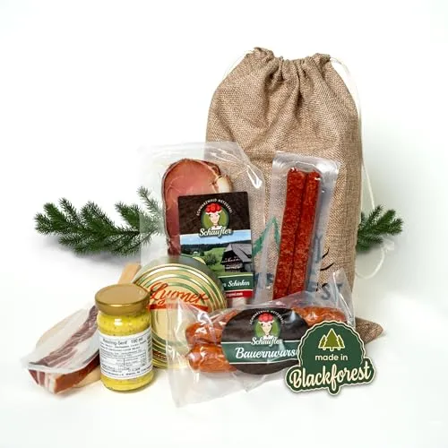 Schwarzwaldmetzgerei Vesperbrett Rustikal im Jutesäckchen - Präsent Geschenkidee Geschenkkorb - mit Bauernwürste, Landjäger, Senf 8-teilig