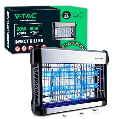 V-TAC Insektenvernichter Elektrischer 20 W mit 80 m² effektiver Fläche – schlankes Design – Moskitonetz mit UV-Blaulicht für den Innen- und Außenbereich – elektrische Falle gegen Mücken und Insekten