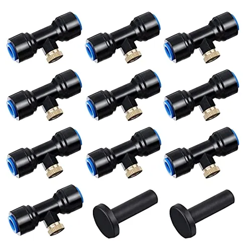 HUAZIZ 10 Stücke T-Stück Wasserrohr Verbinder mit Messing Nebeldüsen Bewässerungssystem Sprayer Sprinkler Sprühdüse T-Steckverbinder Kühlsystem Outdoor Misting System Zubehör