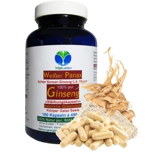 KOREA weißer PANAX GINSENG C.A. Meyer 180 Pulver Kapseln OHNE ZUSATZSTOFFE 100 % Natur pur ca. 20 % Ginsenoside. Traditionell geschätzt für Vitalität, Fokus & Ausdauer. 26775-180
