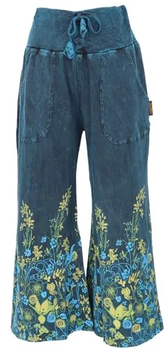 GURU SHOP Palazzohose - Boho Baumwollhose mit Blüten, Schlaghose für Damen - Damen-Hosen in weitem, bequemen Design mit Flower Power Druck. Der elastische Bund und die praktischen Hosentaschen bieten perfekten Tragekomfort und Stil.