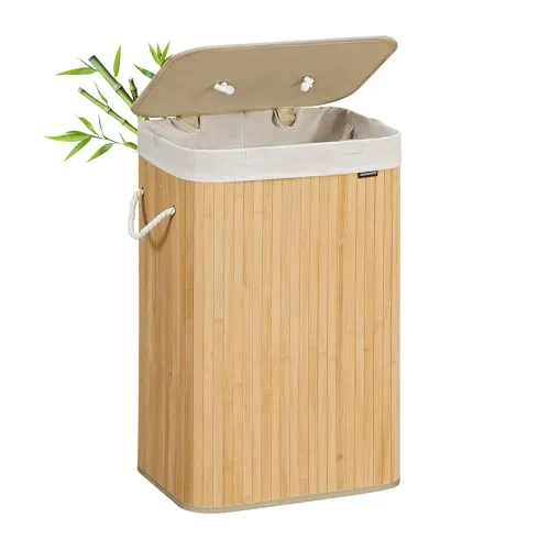 SONGMICS Wäschekorb mit Deckel, 72 L aus Bambus - Wäschekorb aus Bambus mit 72 L Volumen, faltbar und mit abnehmbarem, waschbarem Beutel. Ideal für Waschküche oder Schlafzimmer, hält Wäsche geruchsfrei und staubgeschützt.