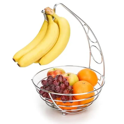 Exzact Obstkorb mit Bananenhaken. 41 cm hoch, Obstregal aus Draht, Bananenständer-Aufhänger – Silbernes Chrom