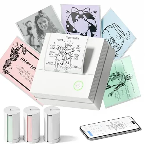 Produktbild TYPONOS Sticker Drucker, PM290 Mini Drucker für Smartphone, Bluetooth Thermodrucker Mini mit 3 Rollen Papier, Minidrucker für Studiennotizen, Tagebücher, DIY Geschenke – Schule Büro, White, 1 Pack