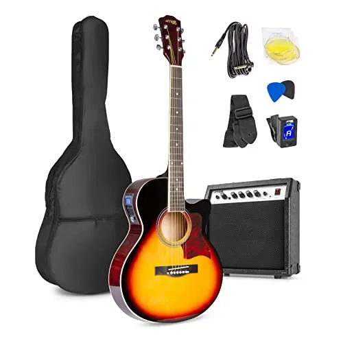 MAX ShowKit Elektro Akustik Gitarre Set mit Verstärker 40 Watt, Gitarrentasche, Gitarrenstimmgerät, Instrumentenkabel, Plektrum und E Akustikgitarre mit Tonabnehmer, Sunburst