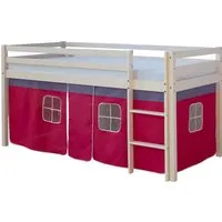 Homestyle4u Hochbett 90x200 Weiß mit Pinkem Vorhang - Stabiles Hochbett mit abnehmbarem, waschbarem Vorhang in Pink. Bietet viel Platz für Spiel und Schlaf im Kinderzimmer und sorgt für Sicherheit durch abgerundete Kanten und Absturzsicherung.