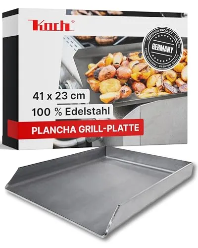 KOCH #27 PLANCHA 41 x 23 x 3,5cm - Hochwertige Edelstahl Grillplatte für perfekte Steaks und Burger - Grillplatten für kreative Grillabenteuer! Die massive Plancha aus rostfreiem Edelstahl speichert Hitze optimal und ermöglicht fettfreies Grillen von Gemüse und Fleisch.
