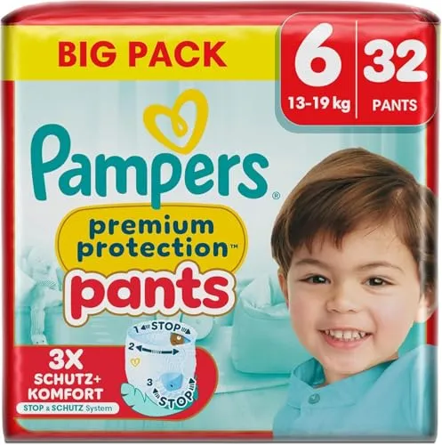 Pampers Premium Protection Pants Größe 6 - Binden für Babys von 13kg-19kg, mit 360° Passform und 2x breiteren Bündchen für optimalen Komfort und Schutz vor Auslaufen.