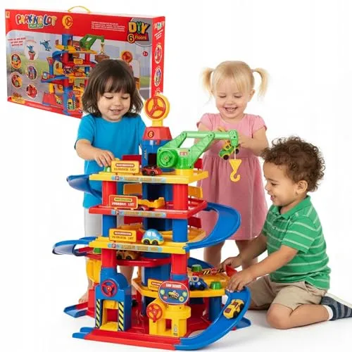 COIL Spiel-Parkgarage - 90-tlg. Tower Garage mit Aufzug, Kran und Autowaschanlage, 83,5 cm hoch, ideal für Kinder ab 3 Jahren